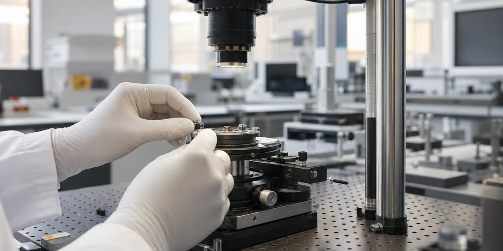 Dłonie technika w rękawiczkach regulujące precyzyjny instrument optyczny na stanowisku badawczym w jasnym laboratorium