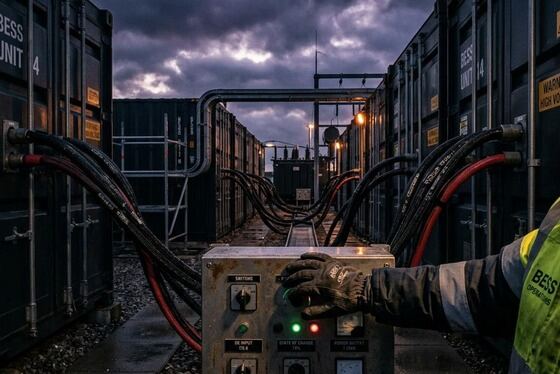 Kontenerowe magazyny energii i grube przewody zasilające na terenie przemysłowym o zmierzchu