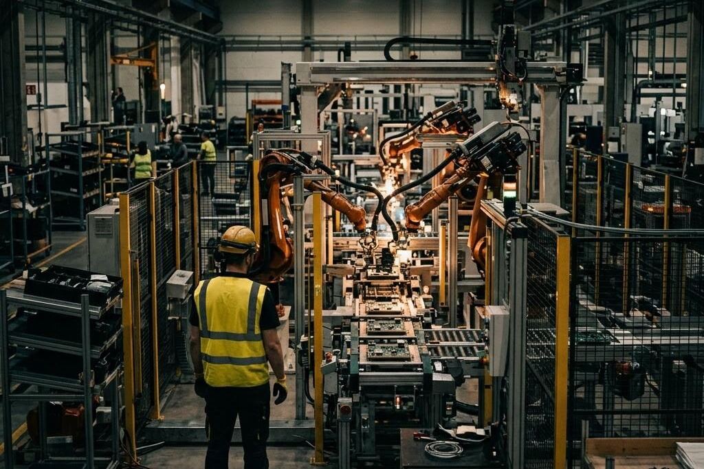 Pracownik w kamizelce ochronnej nadzorujący zrobotyzowaną linię produkcyjną w nowoczesnej fabryce